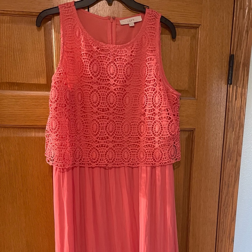 Coral lift dress with overlay. Size 12 Tall.